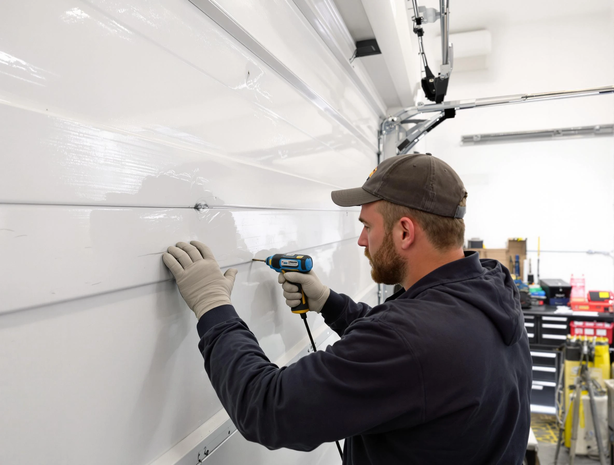 Payson Garage Door Repair technician demonstrating precision dent removal techniques on a Payson garage door